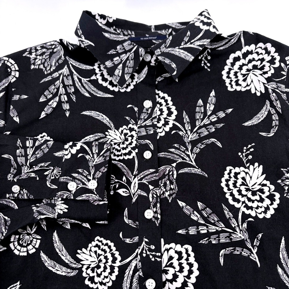 Lands End Womens Black White Floral Supima Cotton No Iron Button Down Shirt 8